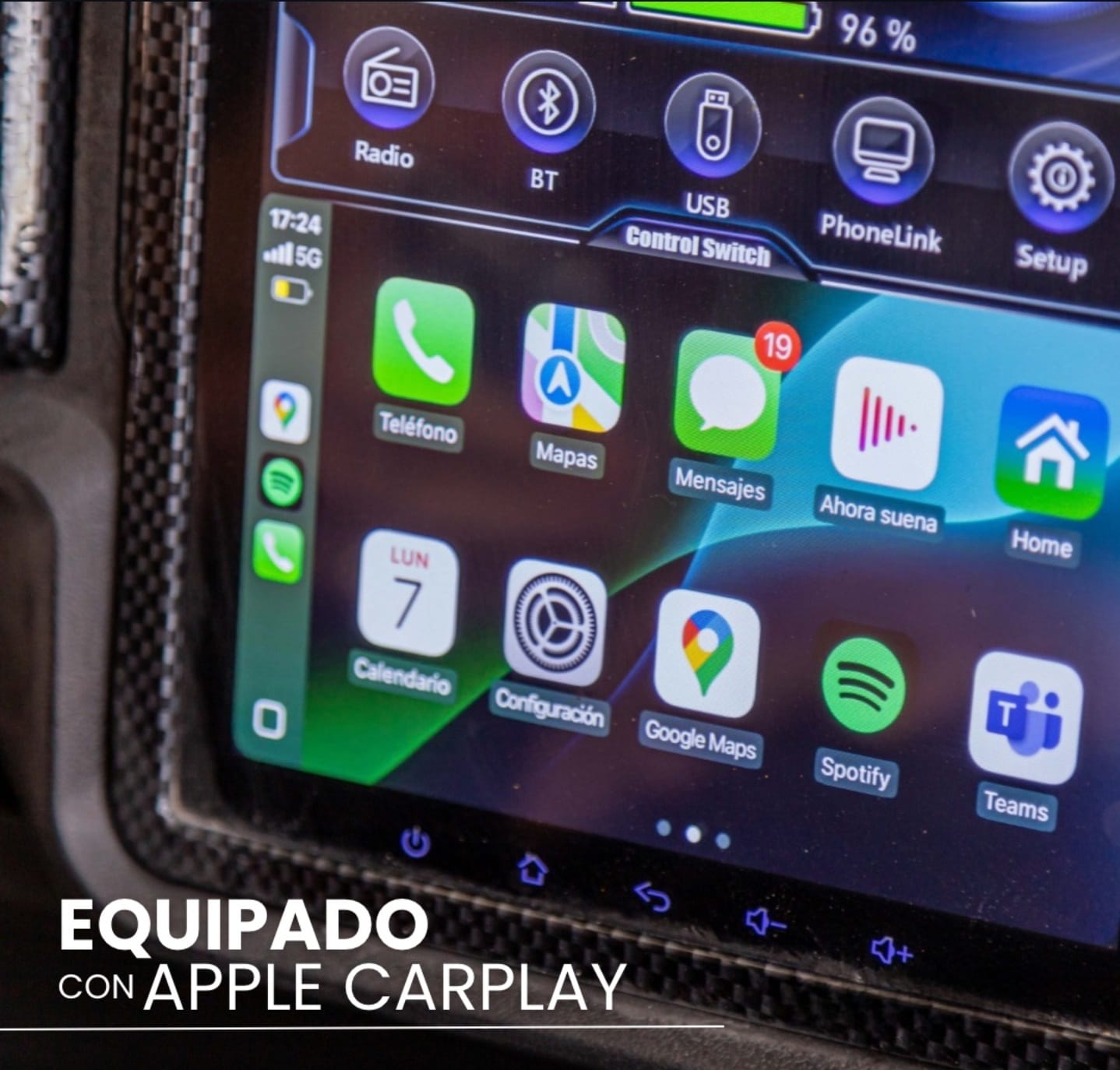 Golf cart touchscreen running Apple CarPlay with Maps and Spotify